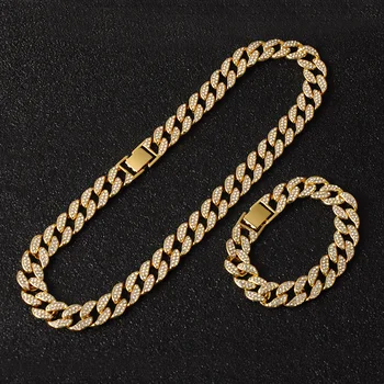 Hip-hop-2 szt. zestaw Miami Krawężnik kubańska łańcuch naszyjnik 13-15 mm złoto oblodzonych wyściełane rhinestone CZ Bling raper naszyjnik mężczyźni biżuteria