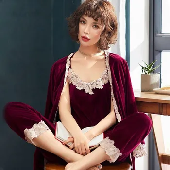 Kobiety jesień piżama strój aksamit 3szt piżamy zestaw Seksowna nocna odzież koronkowe wykończenie intymne bielizna panny młodej Ślub kimono szlafrok Sukienka