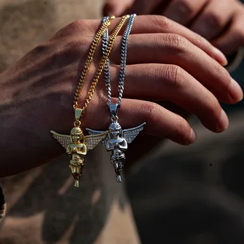Hip-hop mikro utorować Cyrkonią modlitwa anioł dziecko wisiorek tytan stal kubańska naszyjnik męskie biżuteria prezent