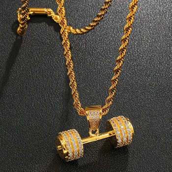 Hip-Hop Iced Out Bling Rope Chain Łącznikowy Siłownia Fitness Hantle Złoty Kolor Ręczne Wisiorki I Naszyjniki Dla Mężczyzn Tenisa Łańcuch Biżuteria