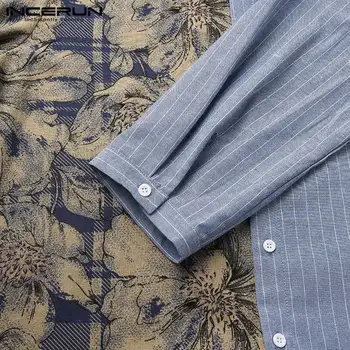 Męska casual shirt bawełniany print paski mozaiki 3/4 rękaw kołnierz bluzka przycisk meble ubrania Camisas Hombre INCERUN S-3XL