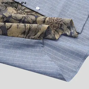 Męska casual shirt bawełniany print paski mozaiki 3/4 rękaw kołnierz bluzka przycisk meble ubrania Camisas Hombre INCERUN S-3XL