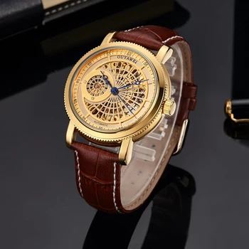 Luksusowej marki Skeleton Gold automatyczne mechaniczne męskie zegarki skórzany brązowy pasek luksusowe modne zegarki montre homme