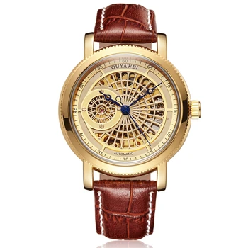 Luksusowej marki Skeleton Gold automatyczne mechaniczne męskie zegarki skórzany brązowy pasek luksusowe modne zegarki montre homme