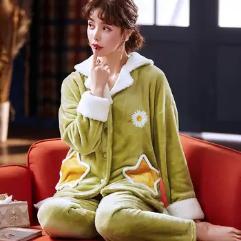 Sexy Zielona piżama damska фланелевая sex gorąca Zimowa piżama komplet kobiety kreskówka zestaw piżama przycisk pełny rękaw koszula spodnie odzież domowa