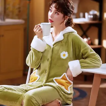 Sexy Zielona piżama damska фланелевая sex gorąca Zimowa piżama komplet kobiety kreskówka zestaw piżama przycisk pełny rękaw koszula spodnie odzież domowa