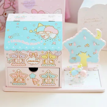 Oryginalny japoński kreskówka Little Twin stars drewniane pudełko Comestic Box Kit opatrunek szuflada do przechowywania lalek, akcesoria dla domu, prezenty dla dziewczynek
