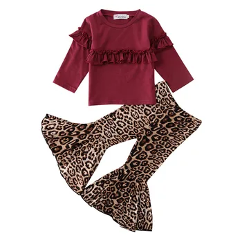 Pudcoco US Stock 1-5 Lat 2PCS Toddler Kids Baby Girl Infant Clothes Set Red Long Sleeve T-shirt Top Leopard Pants Outfit Sets