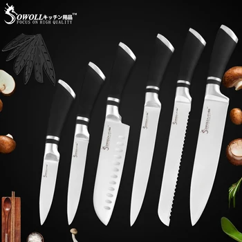 Sowoll 6-częściowy Zestaw noży kuchennych dobrej jakości eco-zestaw noży ze stali nierdzewnej szef kuchni krojenie chleba Сантоку narzędzie owocowy nóż