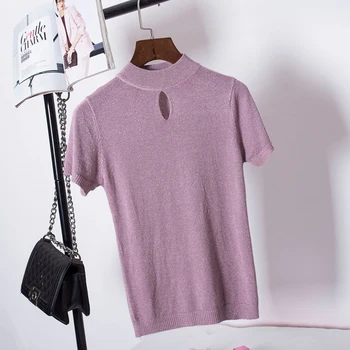 Дырчатая kolorowa Jedwabna koszulka Damska z dzianiny wzór elastyczna koszulka z krótkim rękawem letnie topy 2021 odzież Damska t-shirt Femme
