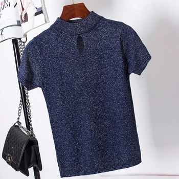 Дырчатая kolorowa Jedwabna koszulka Damska z dzianiny wzór elastyczna koszulka z krótkim rękawem letnie topy 2021 odzież Damska t-shirt Femme