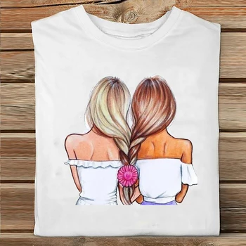 Kobiety z krótkim rękawem siostra przyjaciele słodka miłość kwiatowy w stylu kreskówka odzież druku koszulka Damska t-shirt top panie graficzny piłka nożna