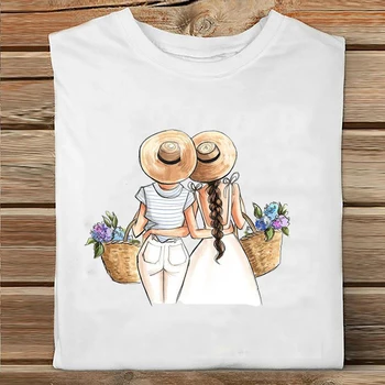 Kobiety z krótkim rękawem siostra przyjaciele słodka miłość kwiatowy w stylu kreskówka odzież druku koszulka Damska t-shirt top panie graficzny piłka nożna