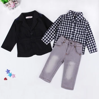 2017 nowa moda dla chłopców 3 szt. zestawy ubrań czarna odzież +koszula w kratę+ dżinsy spodnie dziecięca jesienna odzież DS9