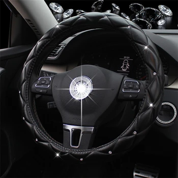 Wysokiej jakości skórzane pokrowce na kierownicy samochodu Bling Crystal Diamond Auto Steering-Cover for Women Lady Girls akcesoria samochodowe
