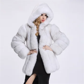 Zimowe luksusowe futra plus rozmiar 4XL sztuczny Lisie futro płaszcz z kapturem kobiety ciepłe, puszyste owłosione kurtki uliczne damskie futrzane bluzki z długim rękawem