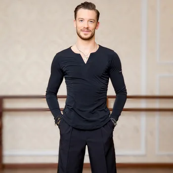 Męskie ameryki łacińskiej, taneczne topy standardowa бальная taneczna praktyka odzież z długim rękawem V-neck koszulka Samba Waltz Dance koszulki DL5233