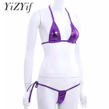 YiZYiF Sexy Women Metallic Bikini Set Bra Top With Thongs Sexy Swimsuit Swimwear Set Halter Neck Top with G-string beach wear