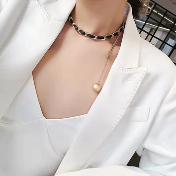 Koreański Kobiety Naszyjnik Oświadczenie Skórzana Łańcuch Naszyjnik Z Metalową Kulką Wisiorek Osobowość Moda Biżuteria Proste Obroże