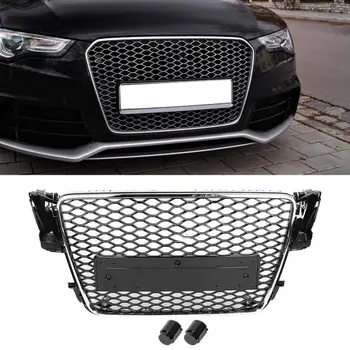 Dla RS5 Style Front Sport Hex Mesh Honeycomb Hood Grill Chrome Black do Audi A5/S5 B8 2008 2009 2010 2011
