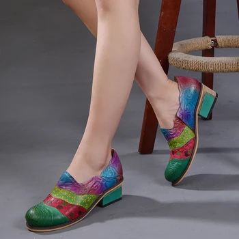 2019 VALLU obuwie Damskie pompy poślizgu na kwadratowych obcasach mieszany kolor etniczny styl skóra naturalna buty Damskie na niskim obcasie na jesień