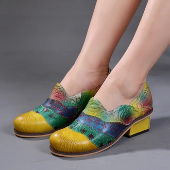 2019 VALLU obuwie Damskie pompy poślizgu na kwadratowych obcasach mieszany kolor etniczny styl skóra naturalna buty Damskie na niskim obcasie na jesień