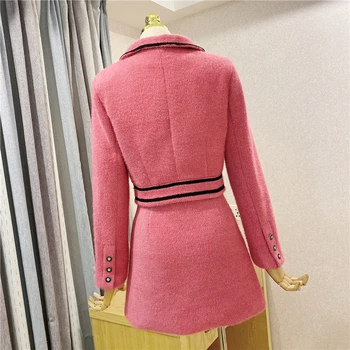 2020 modny elegancki, smukły zestaw z dwóch przedmiotów zima-jesień Damskie różowe krótki płaszcz + wełniane spódnice garnitur TZ608