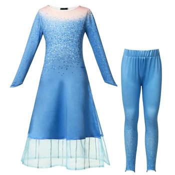 Księżniczka nowa sukienka Elsy zestaw cosplay kostium dla dziewczynki niebieska sukienka + spodnie dziecięca impreza Halloween odzież królowa Śniegu bal maskowy