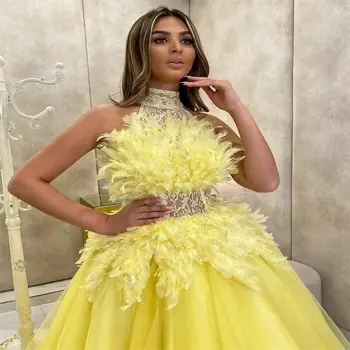 Sevintage Żółty Halter Piór, Suknie Wieczorowe Suknia Plus Size Zmysłowa Sukienka Tiul Atlas Księżniczka Koronki Sukienka