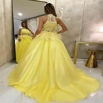 Sevintage Żółty Halter Piór, Suknie Wieczorowe Suknia Plus Size Zmysłowa Sukienka Tiul Atlas Księżniczka Koronki Sukienka