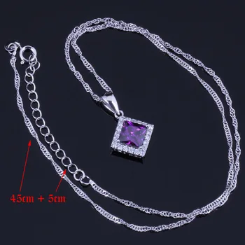 Majestatyczny kwadrat fioletowy cyrkonia Biała CZ srebro złocone zestawy biżuterii kolczyki naszyjnik łańcuch pierścień V0258