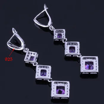 Majestatyczny kwadrat fioletowy cyrkonia Biała CZ srebro złocone zestawy biżuterii kolczyki naszyjnik łańcuch pierścień V0258