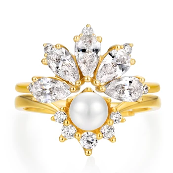 ALLNOEL Solid 925 srebro stylizacji pierścienie dla kobiet 5A+ cyrkon Fleshwater Pearl pierścień zestaw biżuterii
