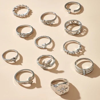 HuaTang 12 szt./kpl. zabytkowe kryształowe kwiaty Gwiazda palec pierścień zestaw dla kobiet kolor srebrny słońce Midi kostki pierścień kobieta biżuteria Anillos