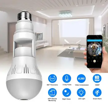 Lampa kamera 360° kamera panoramiczna kamera bezpieczeństwa HD 1080P kamera IP Wifi pilot zdalnego sterowania E27 żarówka aparat bezpieczeństwa w domu
