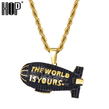 Hip-hop złoty kolor Bling pełna AAA+ cyrkonia Iced Out THE WORLD IS YOURS Blimp wisiorki i naszyjniki dla mężczyzn biżuteria
