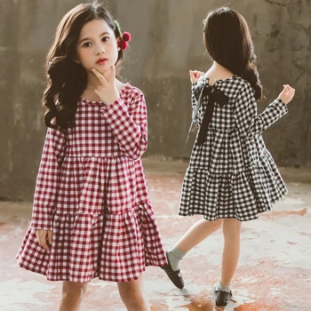 Marka 2019 Jesień Nowe Suknie Dla Dziewczyn Dla Dzieci Bawełnianej Sukni Fotelik Sukienkę W Kratę Łuk Dla Dzieci Bawełnianej Sukienki Dla Dziewczynek, Ubrania Dla Dzieci