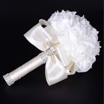 Anty tanie dobrej jakości PE Rose Bridesmaid Wedding Foam flowers Rose Bridal bouquet Ribbon fałszywy bukiet ślubny de noiva Custom
