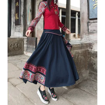 2019 Wiosna bawełna i len oryginalny design retro stylu casual damskie haftowane spódnice maxi / długie spódnice kobiety