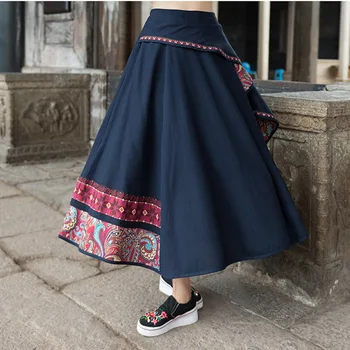 2019 Wiosna bawełna i len oryginalny design retro stylu casual damskie haftowane spódnice maxi / długie spódnice kobiety