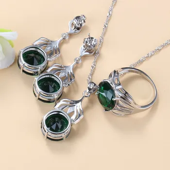 Srebro 925 Naszyjnik I StudEarrings Cyrkonia Zielona Biżuteria Zestawy Przez Cały Ślubny Kobiecy Komplet 6 Kolorów Tureckie Biżuteria