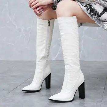 RIZABINA Damskie buty do kolan nowa moda zamek wysoki obcas zimowe buty kobieta ciepła Sexy Ostry skarpety długie buty buty rozmiar 34-43