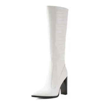 RIZABINA Damskie buty do kolan nowa moda zamek wysoki obcas zimowe buty kobieta ciepła Sexy Ostry skarpety długie buty buty rozmiar 34-43