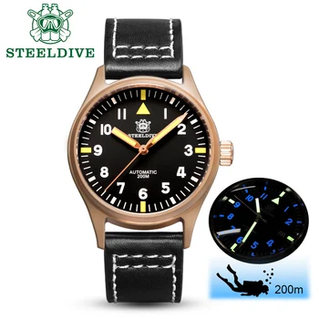 STEELDIVE 1940s CuSn8 Pilot Watch brązu mechaniczne zegarki męskie zegarek kwarcowy szkło szafirowe zegarki automatyczne mężczyźni 200m diver zegarki man