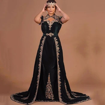 Maroko Kaftan Czarna Suknia Wieczorowa Z Koronki Wysokiej Szyi Dubaj Aplikacje Cap Rękawy Aksamit A-Line Arabski Muzułmanin Bal Suknia Wieczorowa