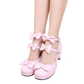 Japanse Harajuku Sweet Princess Girls Double Bowtie Straps Chunky High Heel Shoes Lolita