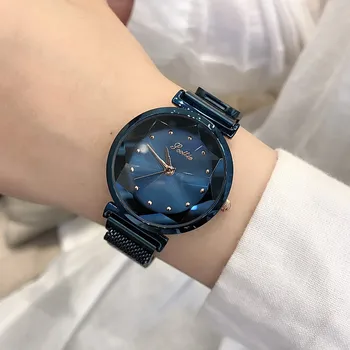 Luksusowe marki lady Kryształ zegarki kobiety ubierają zegarki moda niebieski, różowe złoto zegarek kwarcowy zegarek damski ze stali nierdzewnej
