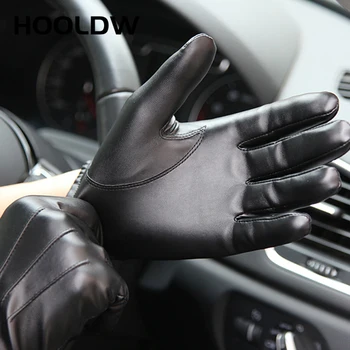 HOOLDW zimowe rękawice mężczyźni kobiety luksusowe sztuczna skóra, kaszmir ciepłe rękawiczki do jazdy czarny ekran dotykowy wodoodporne rękawiczki, mitenki