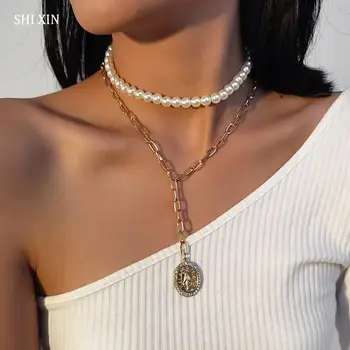 SHIXIN Short Pearl Choker Colar naszyjnik długi pędzelek Kryształ moneta naszyjnik dla kobiet 2020 modne naszyjniki szyi biżuteria
