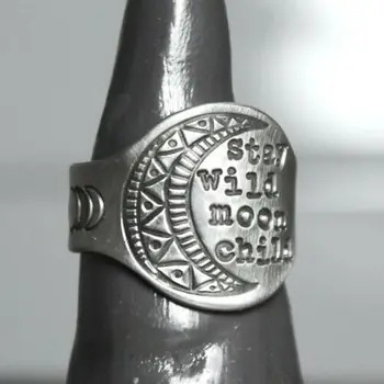 Księżyc i list szerokie pierścienie podłogowa rocznika stop srebra Rocznika temperament Japonia Korea stylu pierścień dla kobiet biżuteria prezent